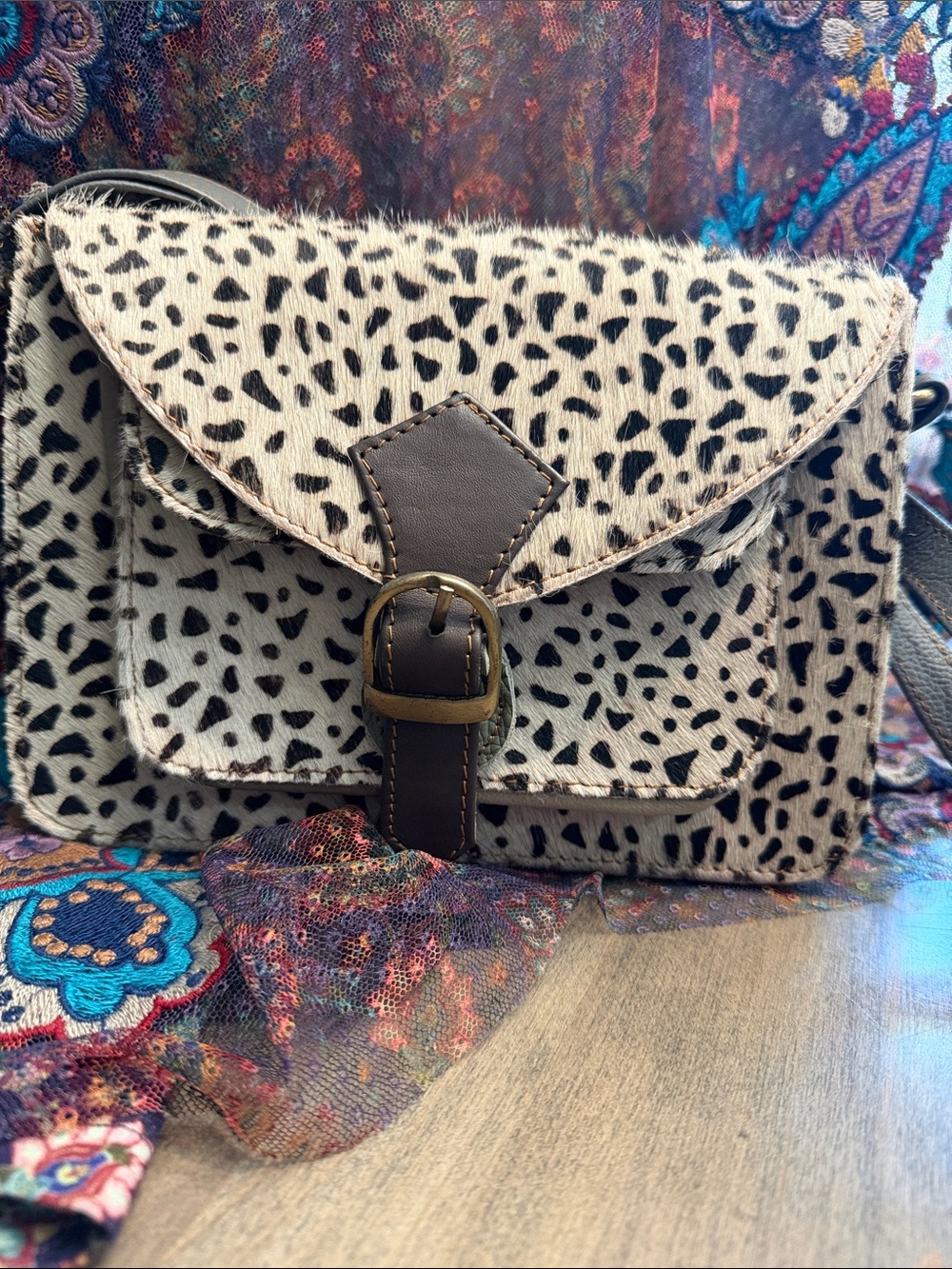 Leopard Print Crossbody Bag with Brown, green and red Leather Trim